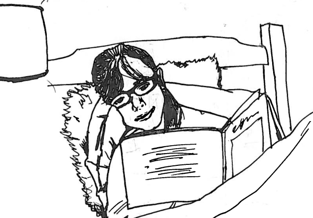 lunch time drawing-girl in beed reading